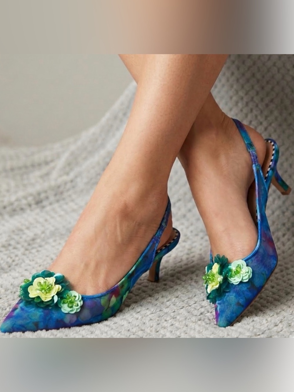 Betsey Johnson Blue and Green Floral Kitten Heel Slingback